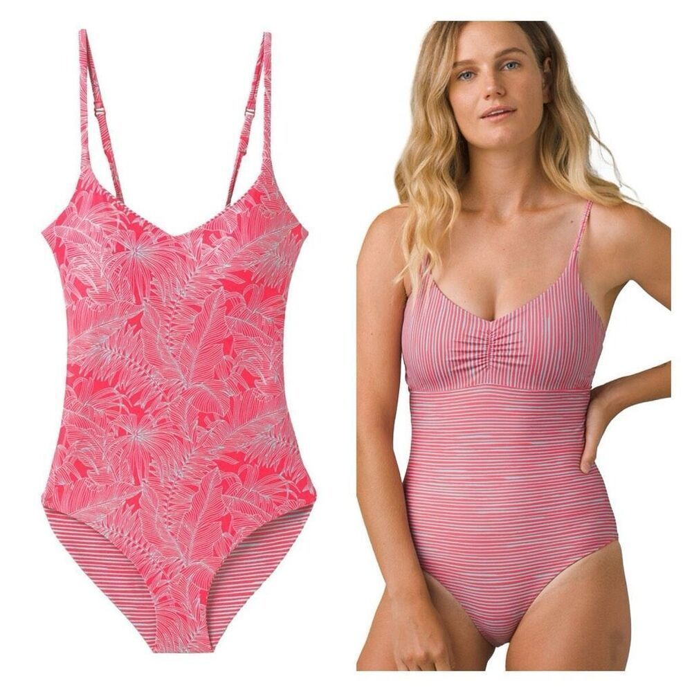 prAna Women’s Jess One-Piece Swimsuit Tropical Pink Teal Strappy stripes medium